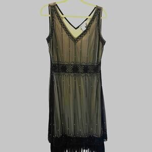 1920s V-neck Sleeveless Layered Beaded Mesh Black Flapper Dress  Size L# 50